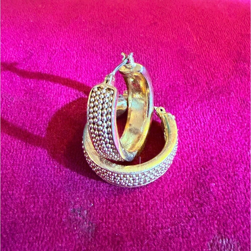 Vintage Monet Gold Tone Chunky Granulated Caviar Beaded Hoop Earrings